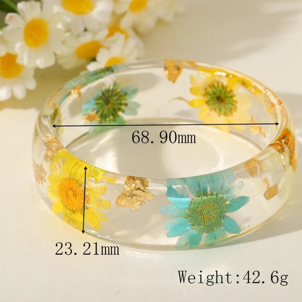 Bracelet Floral Resin Bangle Bracelet - Yellow Blue White - Picture 5 of 14